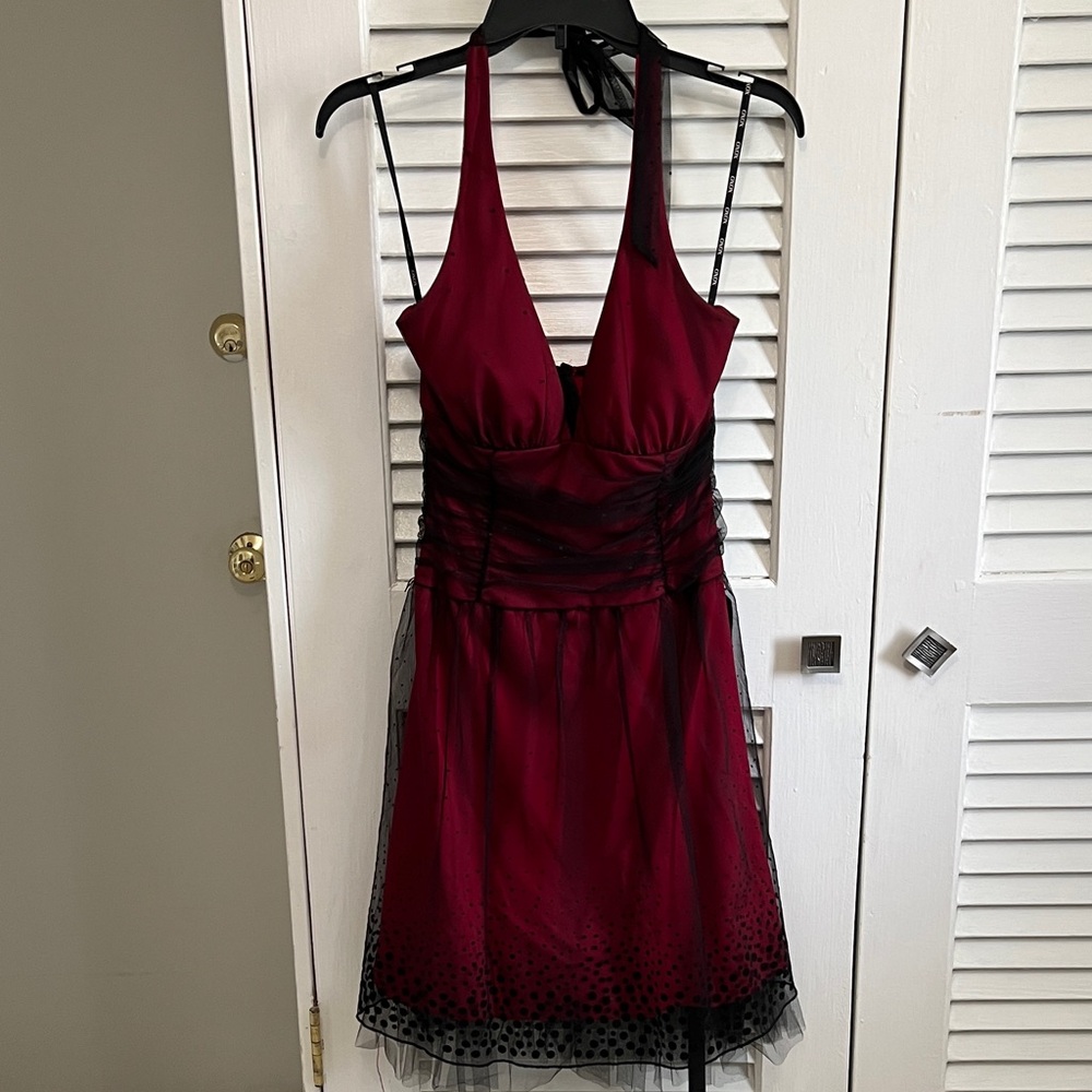 XOXO Burgundy and Black Halter V-Neck Party Dress